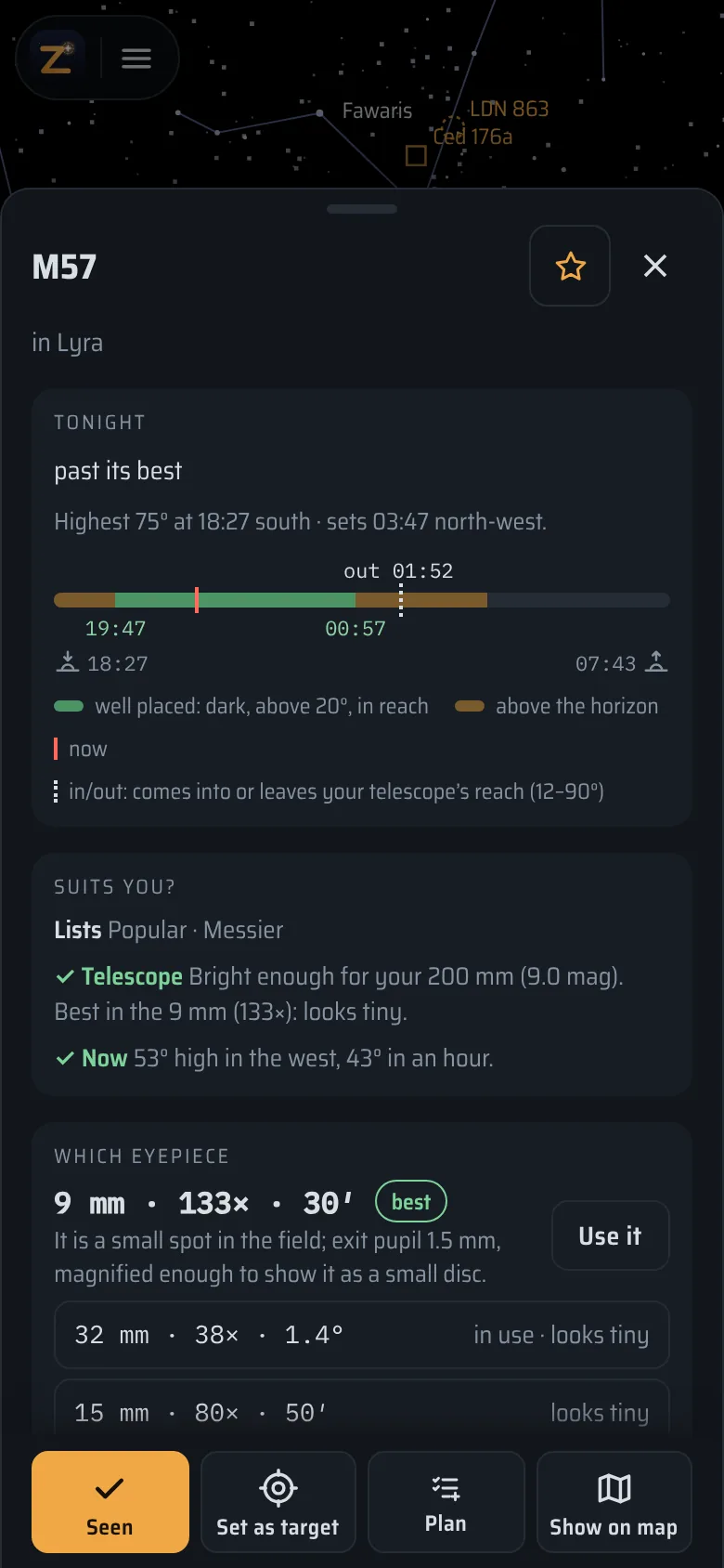 Details of M57: tonight’s bar with the well-placed time and when it leaves the telescope’s reach, why it suits the telescope, and the 9 mm eyepiece as the best one.