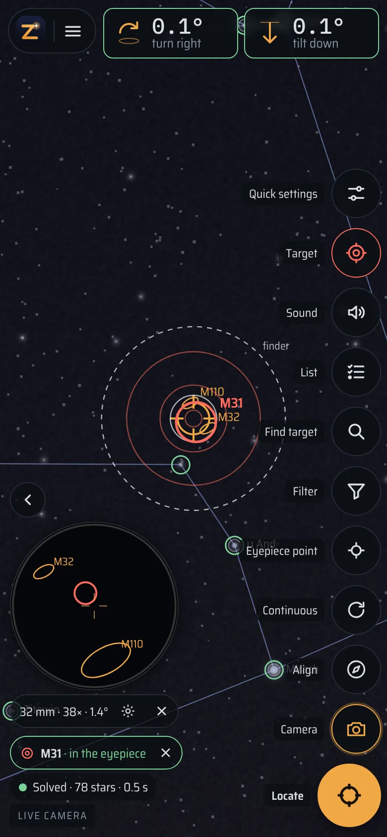 M31 in the eyepiece: 0.1° to go, the finder and eyepiece rings around the crosshair, and a round eyepiece view with M32 and M110.