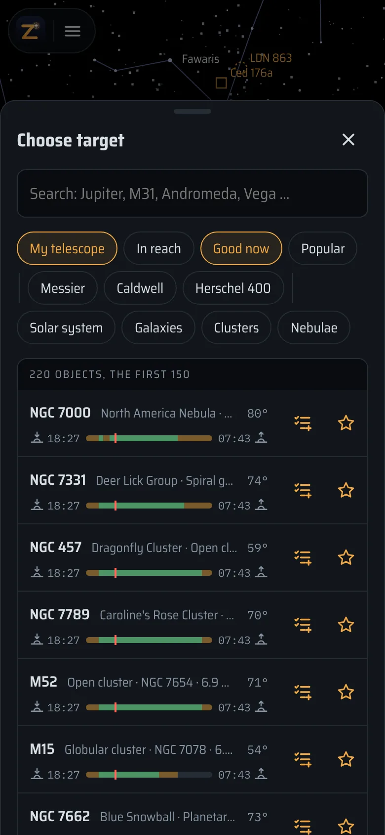Choose target with the categories My telescope and Good now selected: the North America Nebula, NGC 7331, the Dragonfly Cluster and more, each with a bar for the night.
