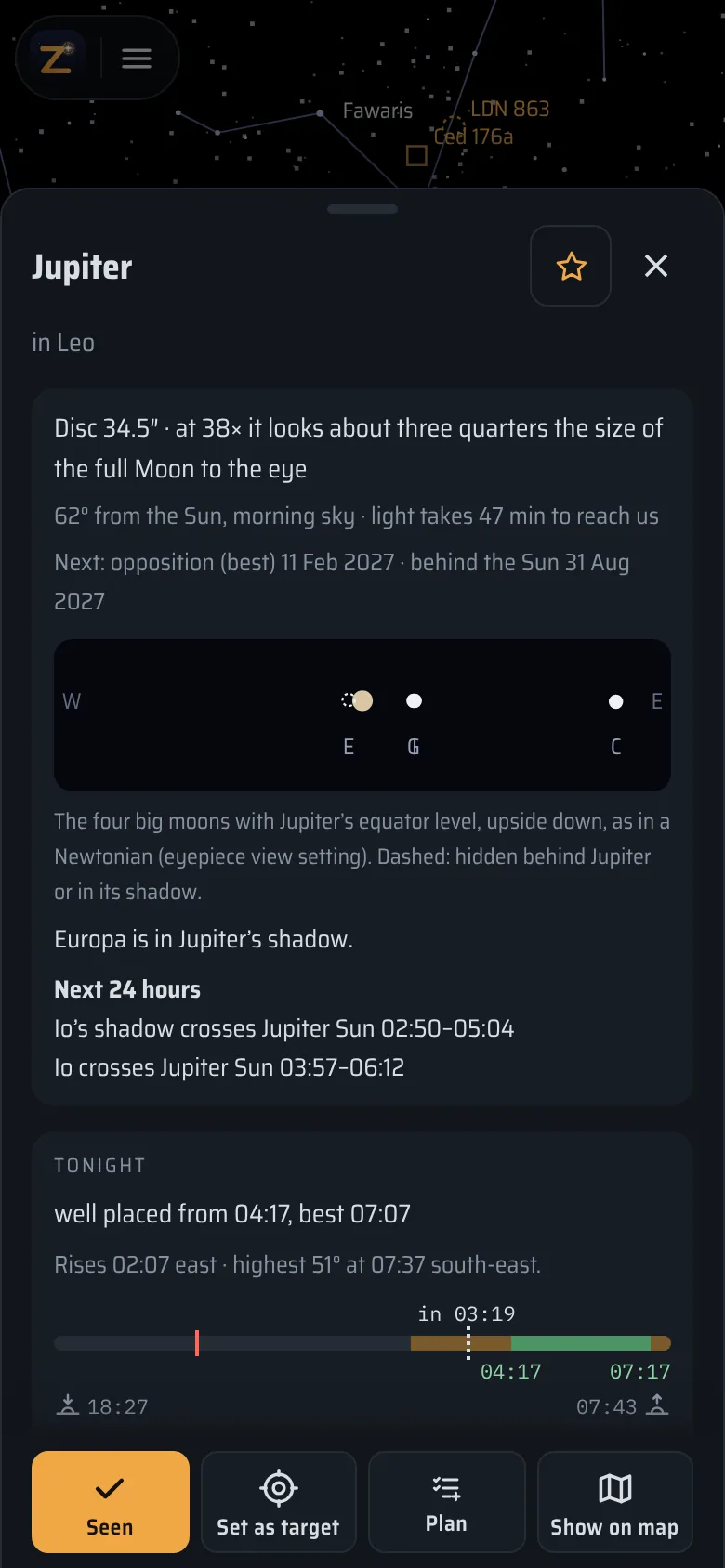Jupiter’s details: its disc size in the eyepiece, the four big moons as seen in a Newtonian, and the shadow transits of the next 24 hours.