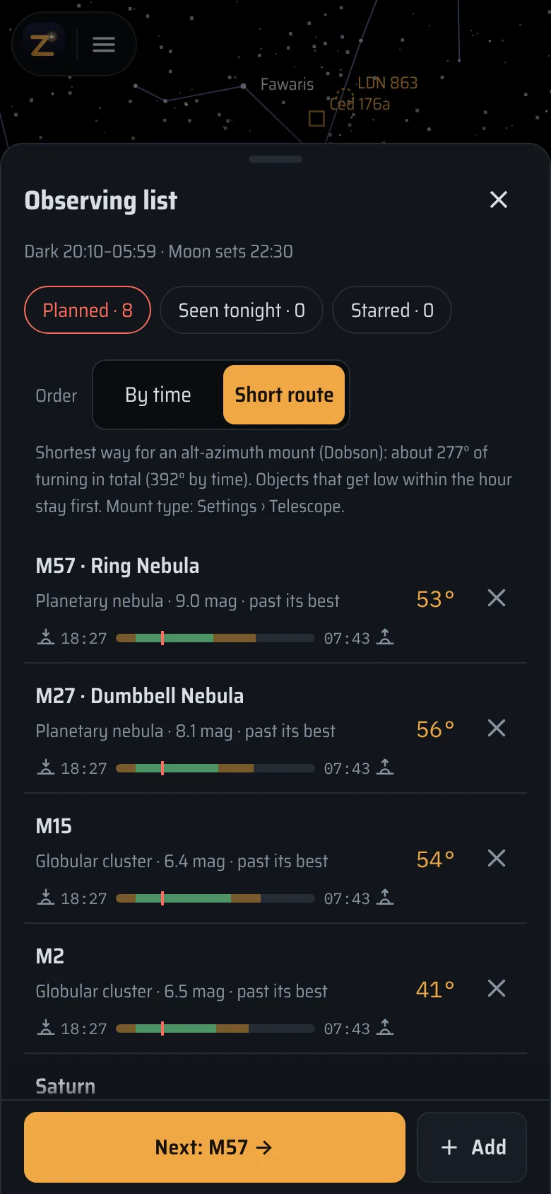 The observing list in Short route order: M57, M27, M15 and M2 with their altitude now and a night bar each, and a Next button.