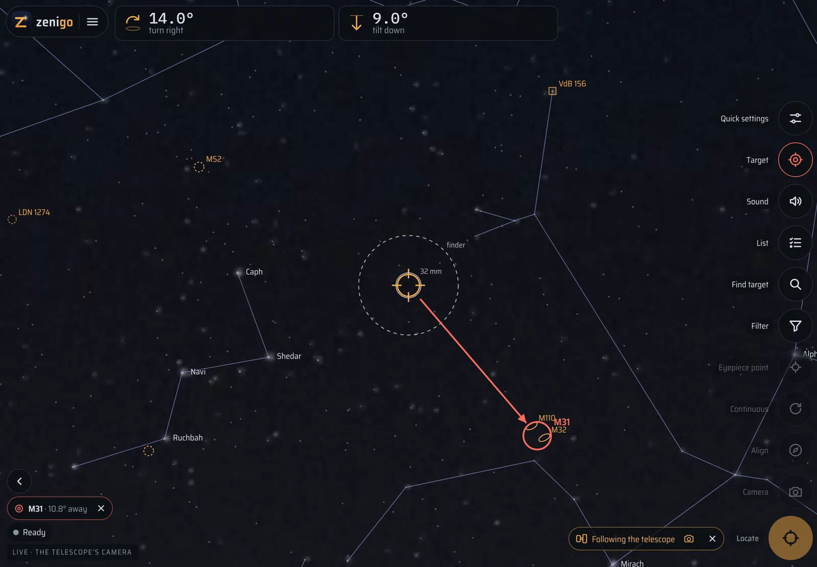 A tablet following the telescope: the telescope’s camera image with crosshair, arrow to M31 and the directions, and the pill “Following the telescope”.
