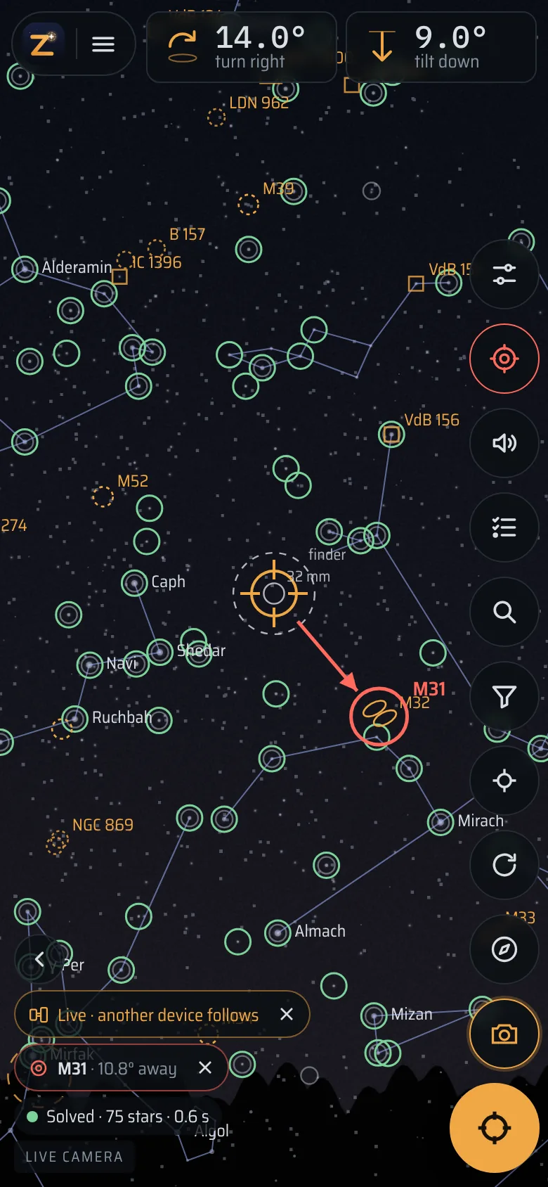 The phone on the telescope, located, with the pill “Live · another device follows”.