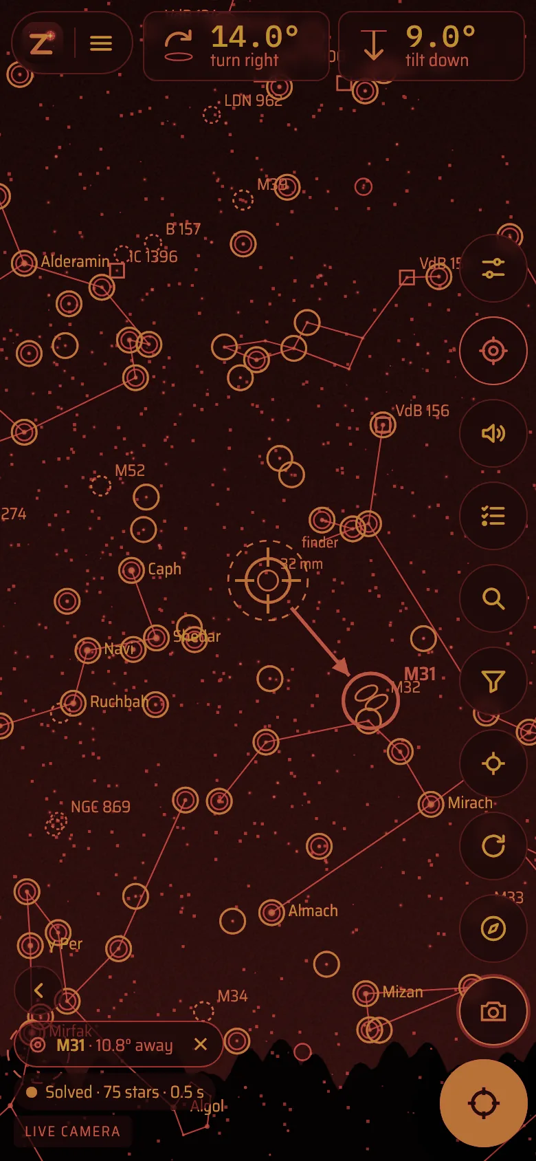 Zenigo in red light: the located camera image, map and buttons all in dim red.
