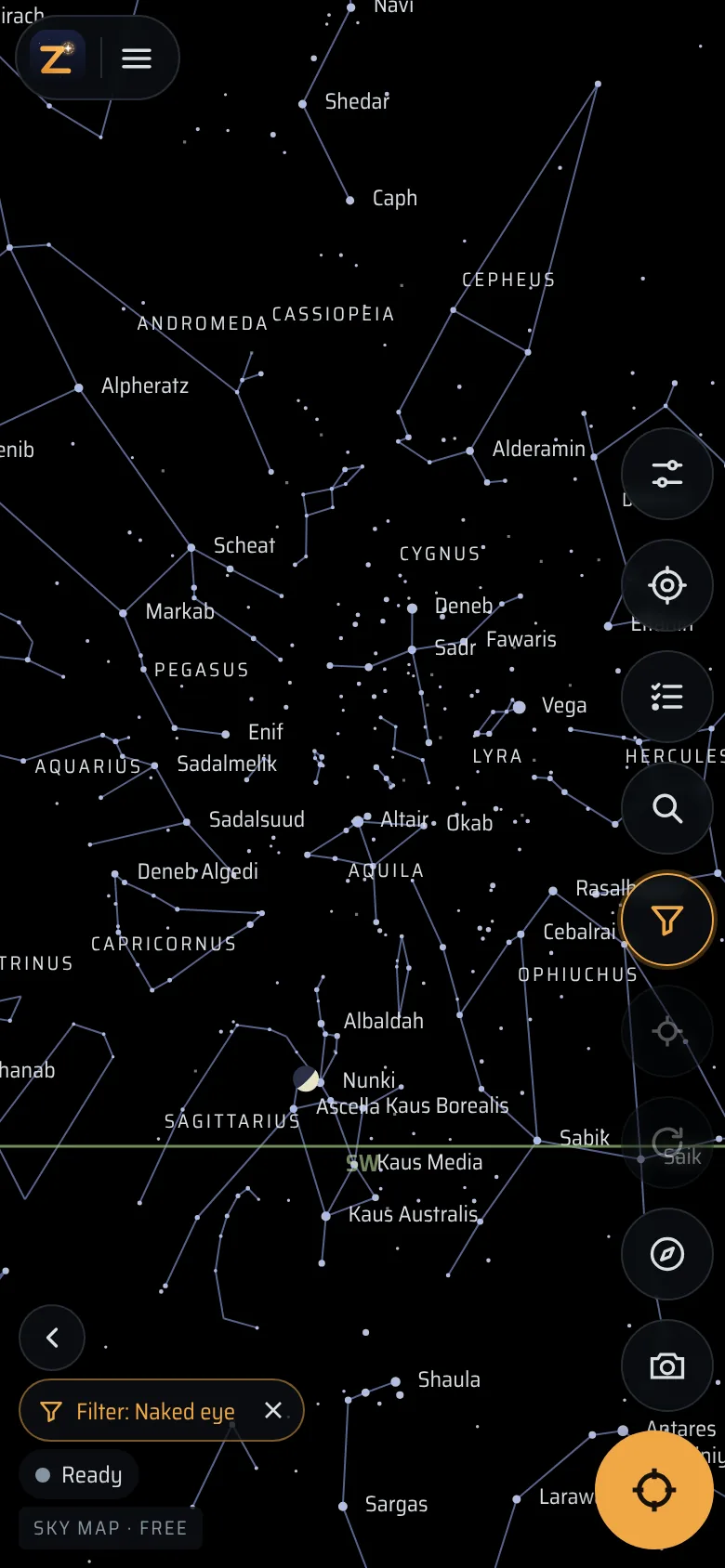 The sky map with the naked-eye filter: Cygnus, Lyra, Aquila, Pegasus and Sagittarius with their names, the crescent Moon low in the south-west, and the horizon.