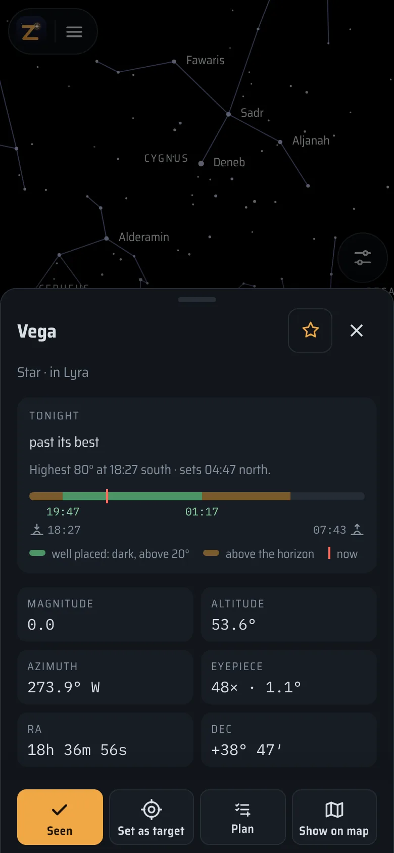 Vega’s details: a star in Lyra, magnitude 0.0, 53.6° high in the west, past its highest point tonight, with a bar for the night.