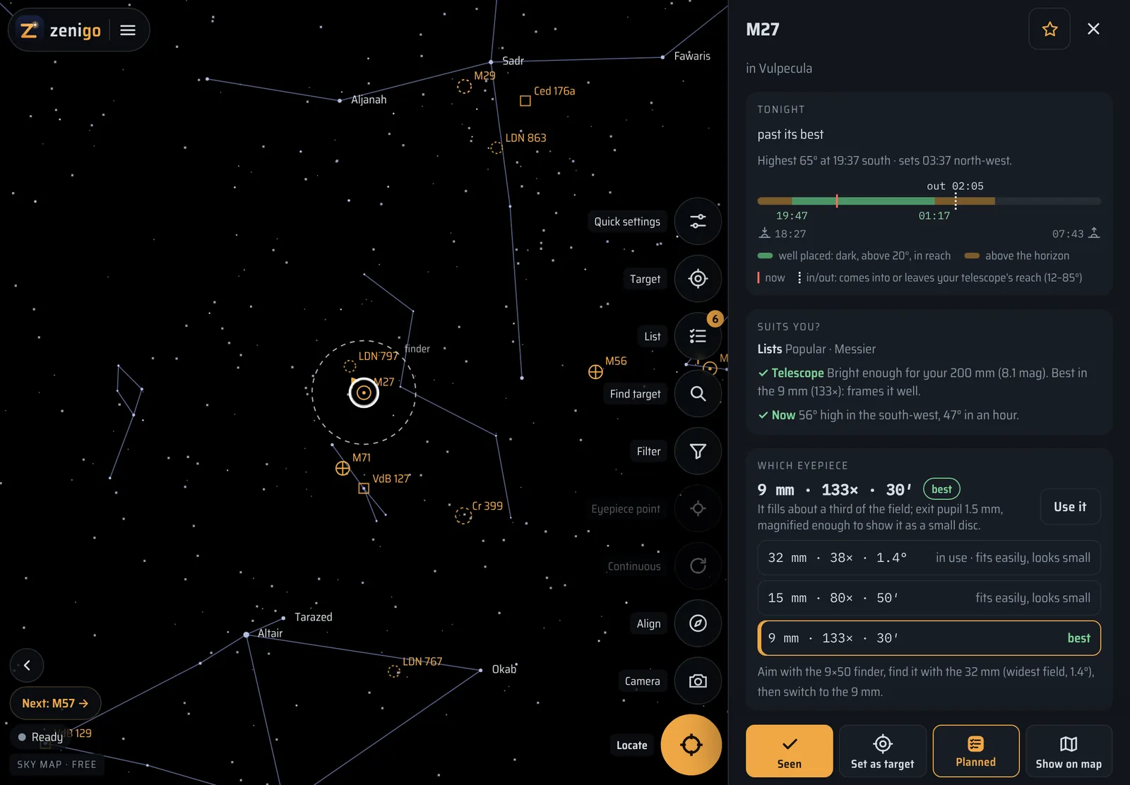 Zenigo on a tablet: the sky map with M27 in the middle and its details panel beside it, with tonight’s bar and the eyepiece advice.
