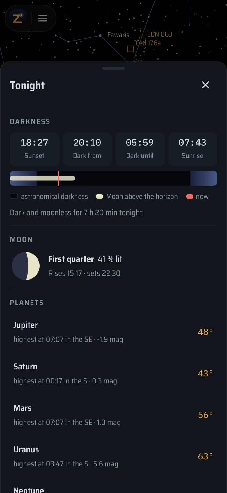 Tonight: sunset, astronomical darkness and sunrise, a timeline with the Moon, the Moon’s phase and the planets with their highest point.